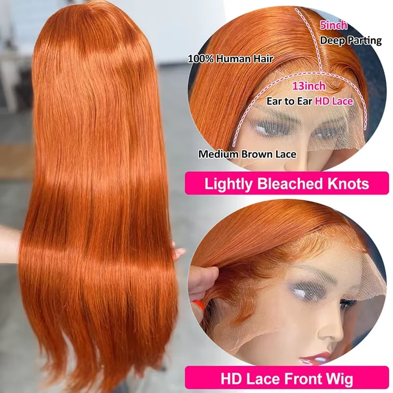 220% 30 40 Inch Ginger Orange Bone Straight 13x6 Lace Front Human Hair Wig 13x4 HD Transparent Lace Frontal Wigs