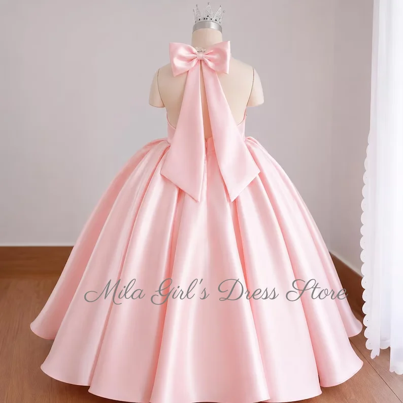Pink Satin Halter Flower Girl Dress Wedding Party Attire Kids Communion Beauty Pageant Official Event Vestidos De Fiesta Elegant