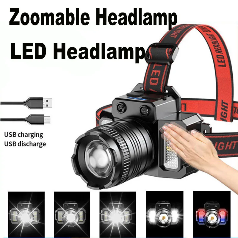 Super Bright LED Headlamp Rechargeable Telescopic Zoomable Headlight Outdoor Waterproof 5 Modes Camping Hunting Fishing Light