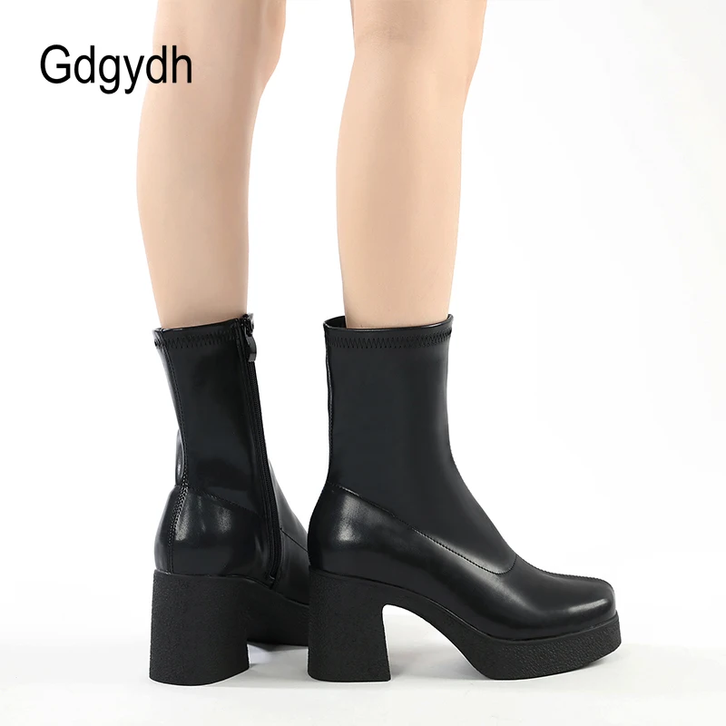 Gdgydh Women\'s Sock Boots Chunky Heels Platform Ankle Boots Winter Warm Lined Square Toe Leather Gogo Boots Mid Calf Side Zipper