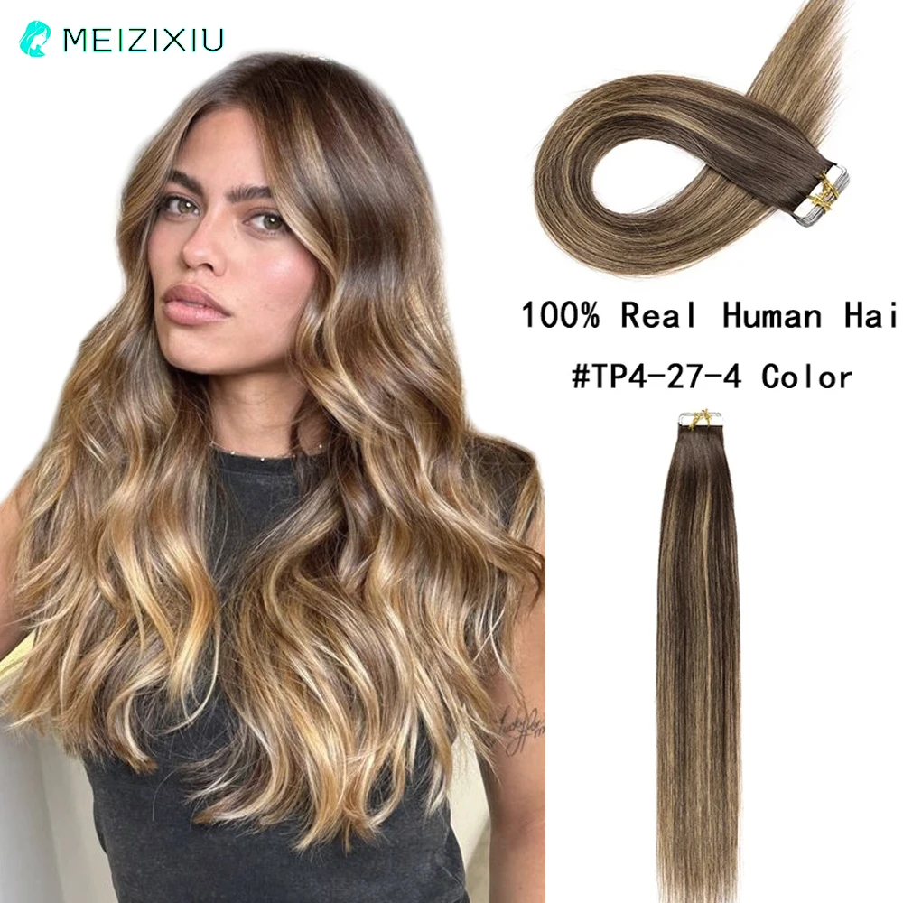 

Tape In Highlight Brown Hair Extension 20pcs/Pack Straight 100% Real Remy Hair Tape In Human Hair Extension For Women 12-24 Inch