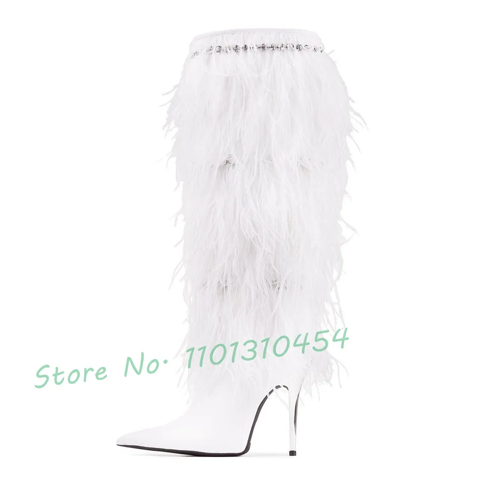 Knee-high Feather Heeled Boots With Jewel Chain Women New In Elegant Pink Long Boots Outfit Hot Winter Party Large Size Shoes