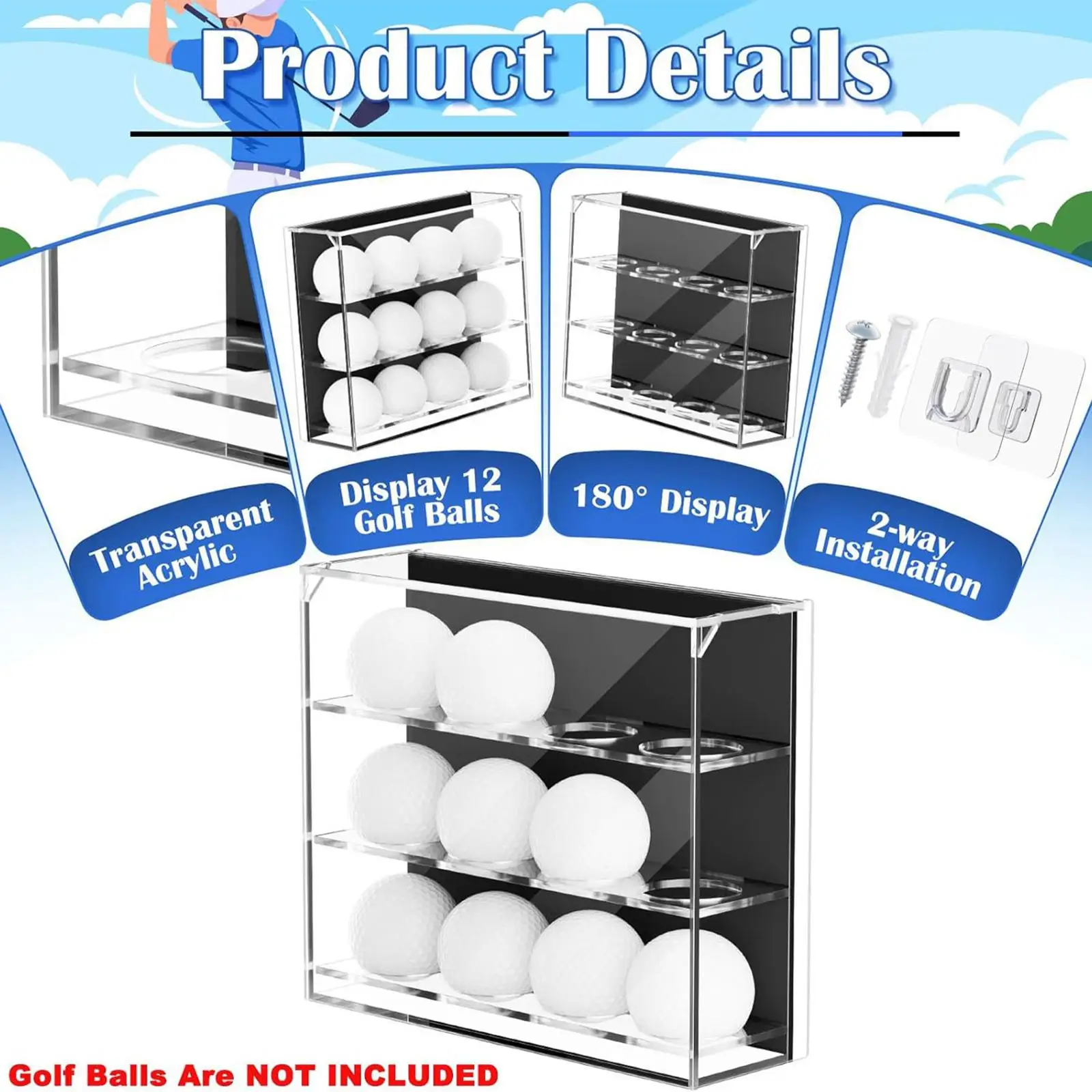 アクリルゴルフボールディスプレイケース、3層クリアショーケース収納、12個のボール用、家庭用ゴルフピンポンボールホルダーキャビネット棚