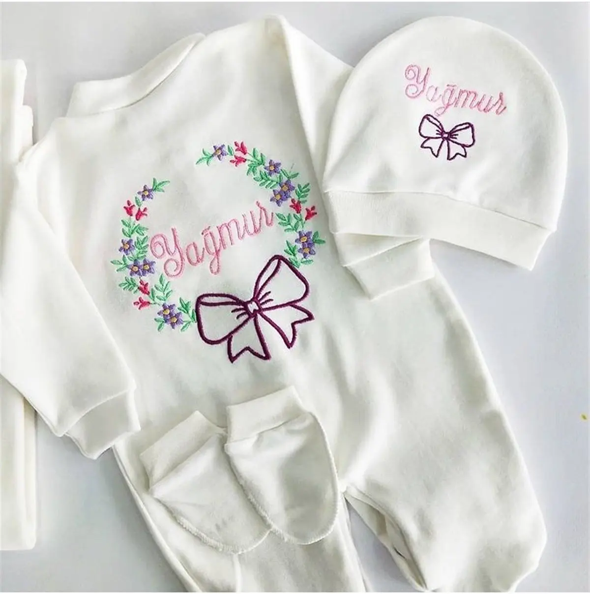 

Bow and Name Embroidered Baby Rompers Set