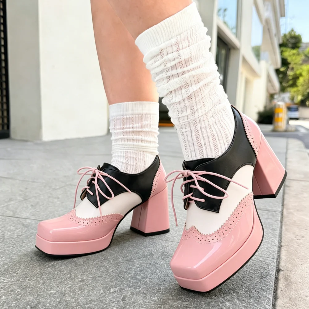 Women's Oxford Shoes Color-Block Heels Square Toe Platform Chunky Heels Lace-Up Mary Janes Shoes For Ladies New Year And Christmas Outfits