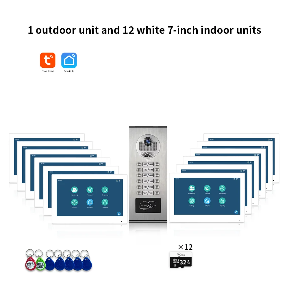ANJIELO 7-inch 2/3/4/6/8/10/12-unit multi-unit deurbel video-intercomsysteem 1080P display Tuya slimme videodeurbel