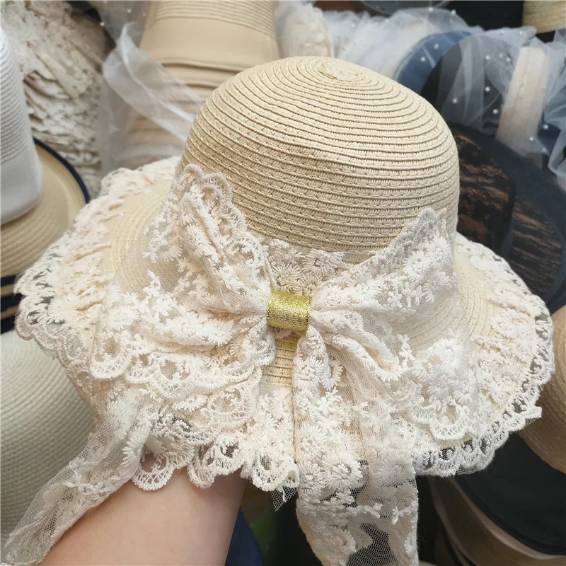 Summer Straw Hat Wide Brim Floppy Beach Sun  Hat Lace Big Bow