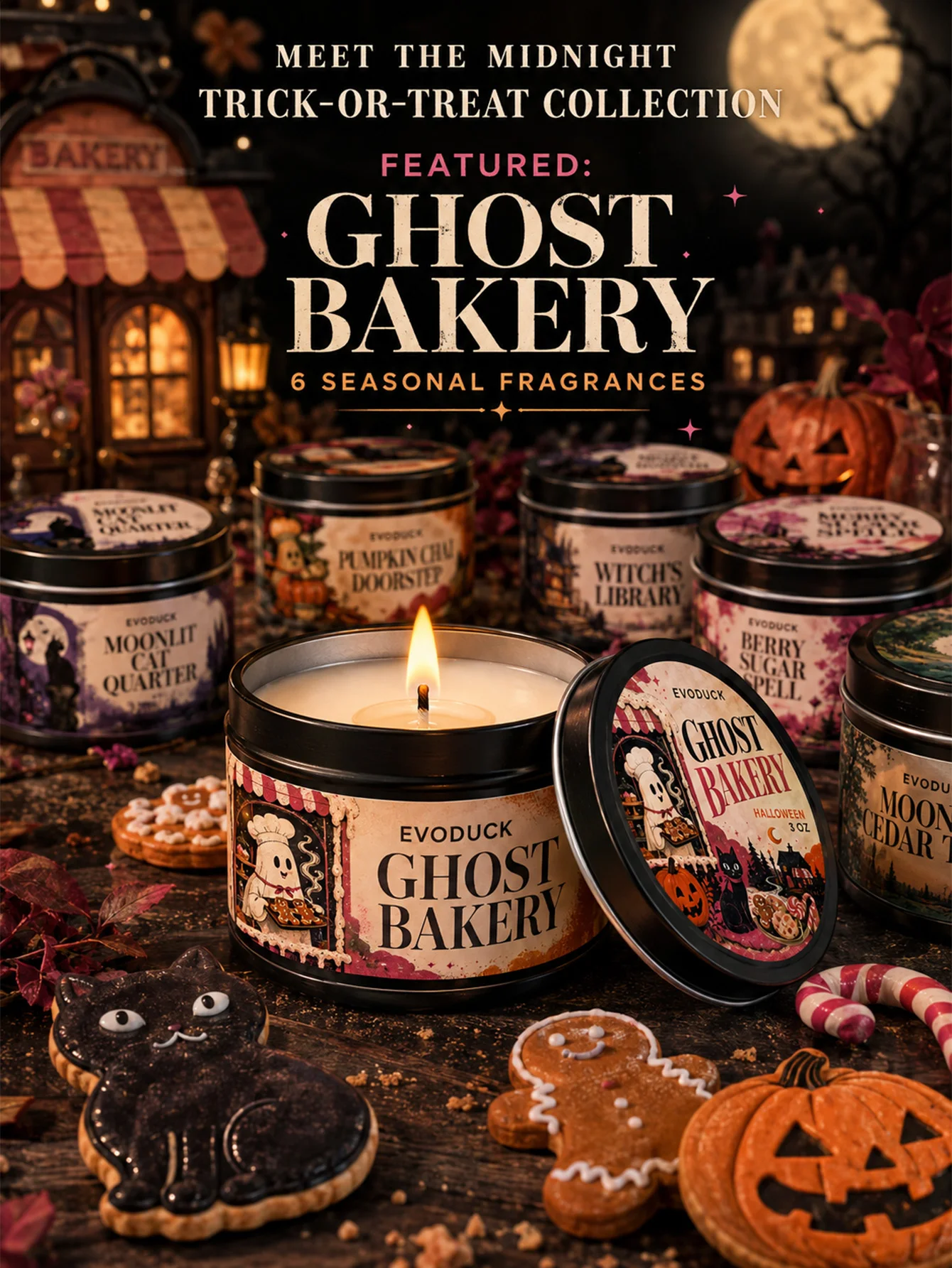 Ghost Bakery Halloween 6-Piece Scented Candle Gift Set, Spiced Ginger Cookie Vanilla, 3oz Tin Candles with Boxes & Folding Card.