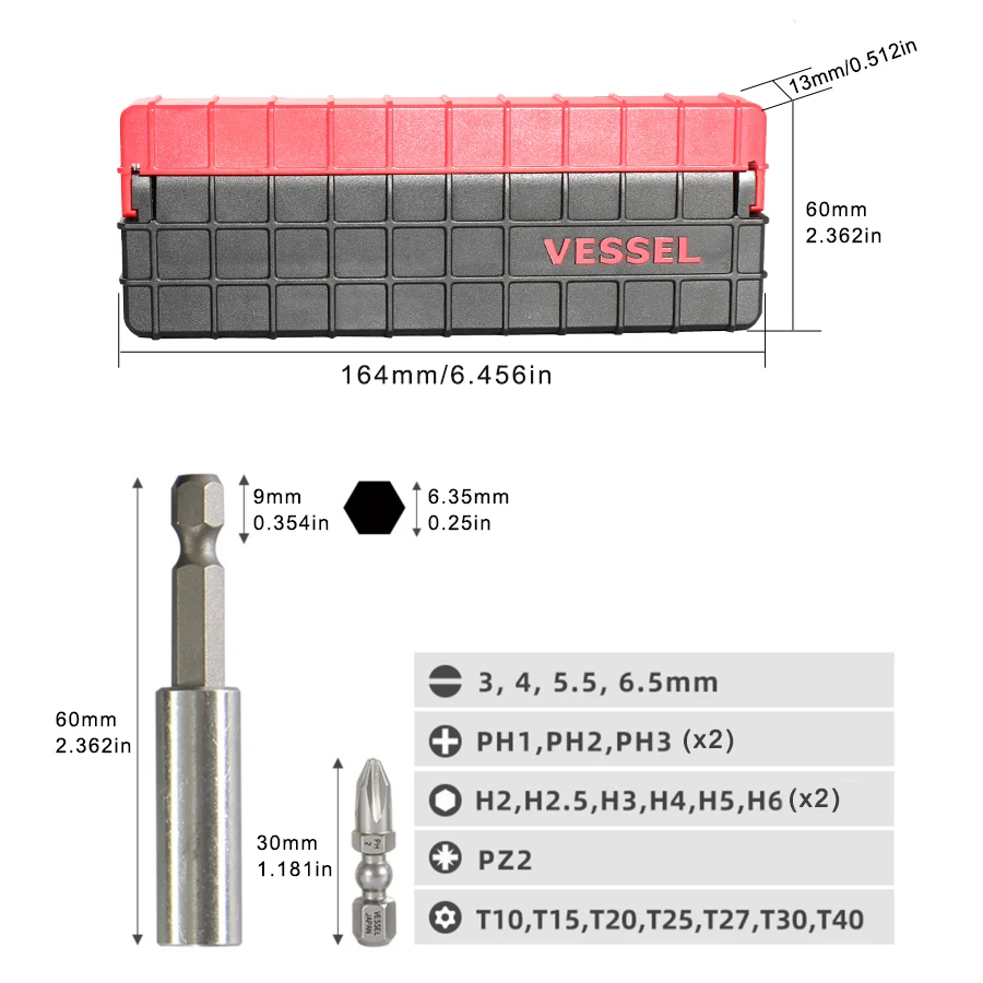 VESSEL IB31P03CSF Screwdriver Bits Set 31Pcs Impact Ball Torsion Bit with Magnetic Extension Bit in Slide Case Hand Tools