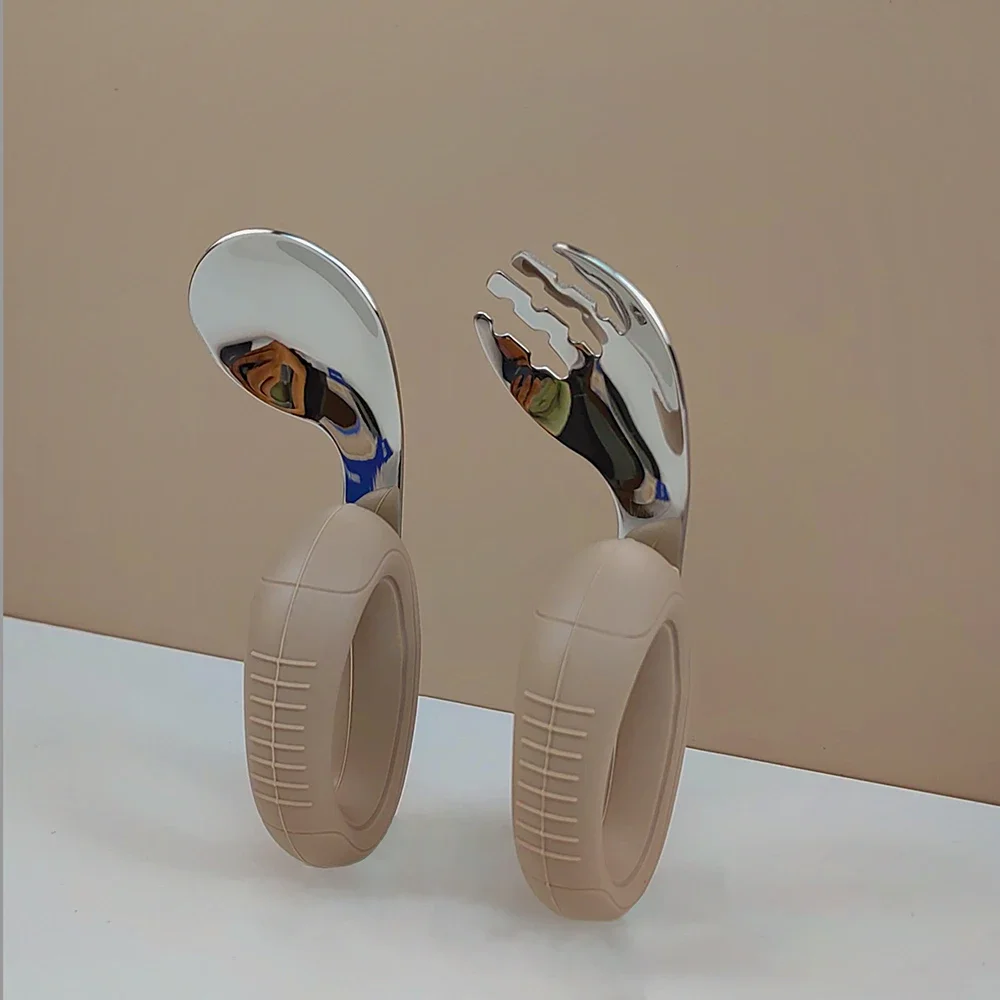 Nouveau design formation facile à saisir coude fourchette cuillère poignée courte apprendre artefact silicone bébé 316 cuillères fourchette en acier inoxydable