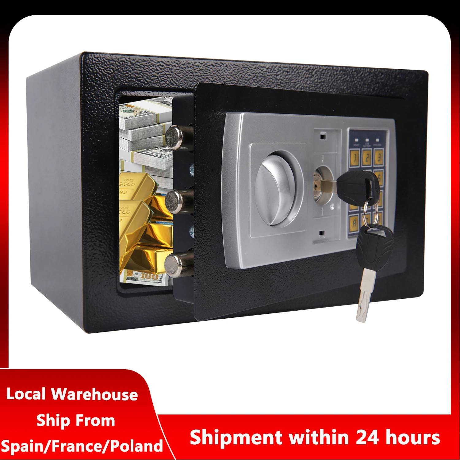 Caja de seguridad electrónica con llave y código digital para depósito de efectivo, joyas y objetos de valor, ideal para el hogar, la oficina, hoteles y negocios.