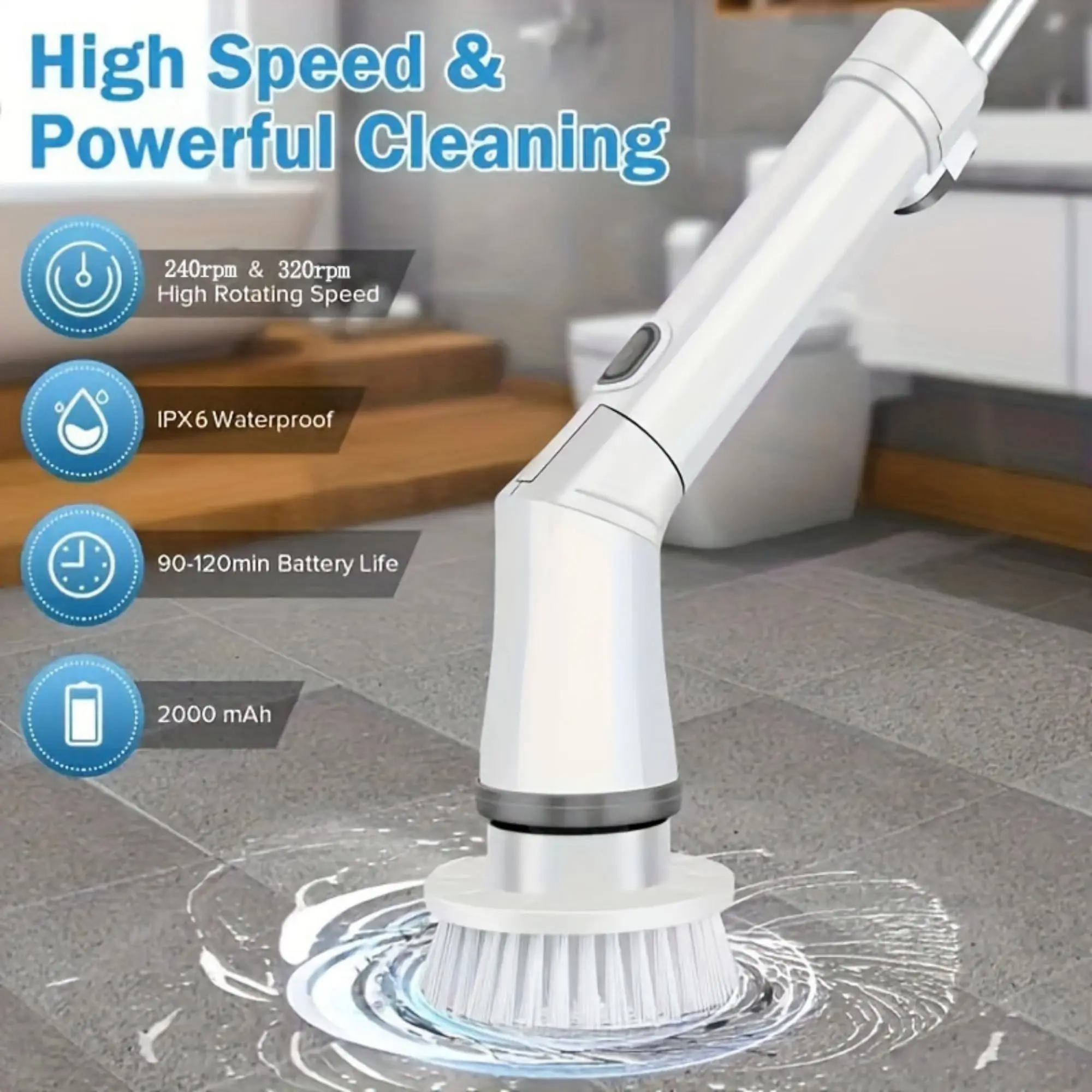 1Set Electric Cleaning Brush,Long Handle Electric Spin Scrubber,Tile Scrubber With 6 Replaceable Brush Heads,USB-C Charging Line