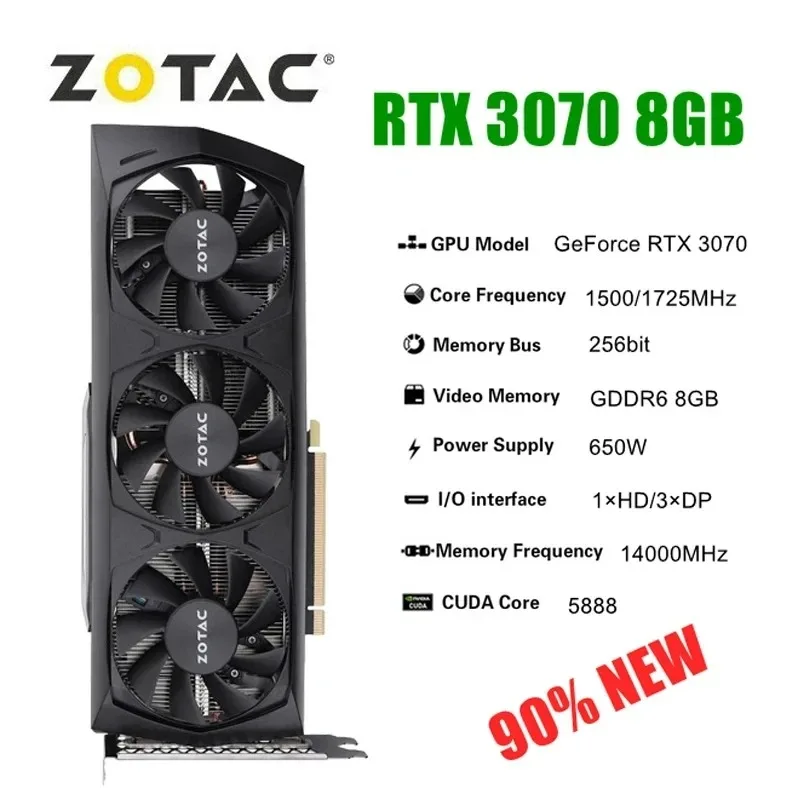 2024 Elhasznált ZOTAC geforce RTX 3070 8GD6 videó kártyák RTX 3070 8GB GDDR6 256bit GPU Vonalas rty