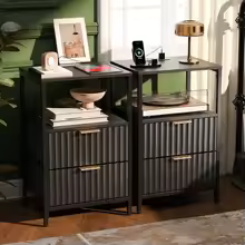 Set of 2 Black Nightstands with Fabric Drawers