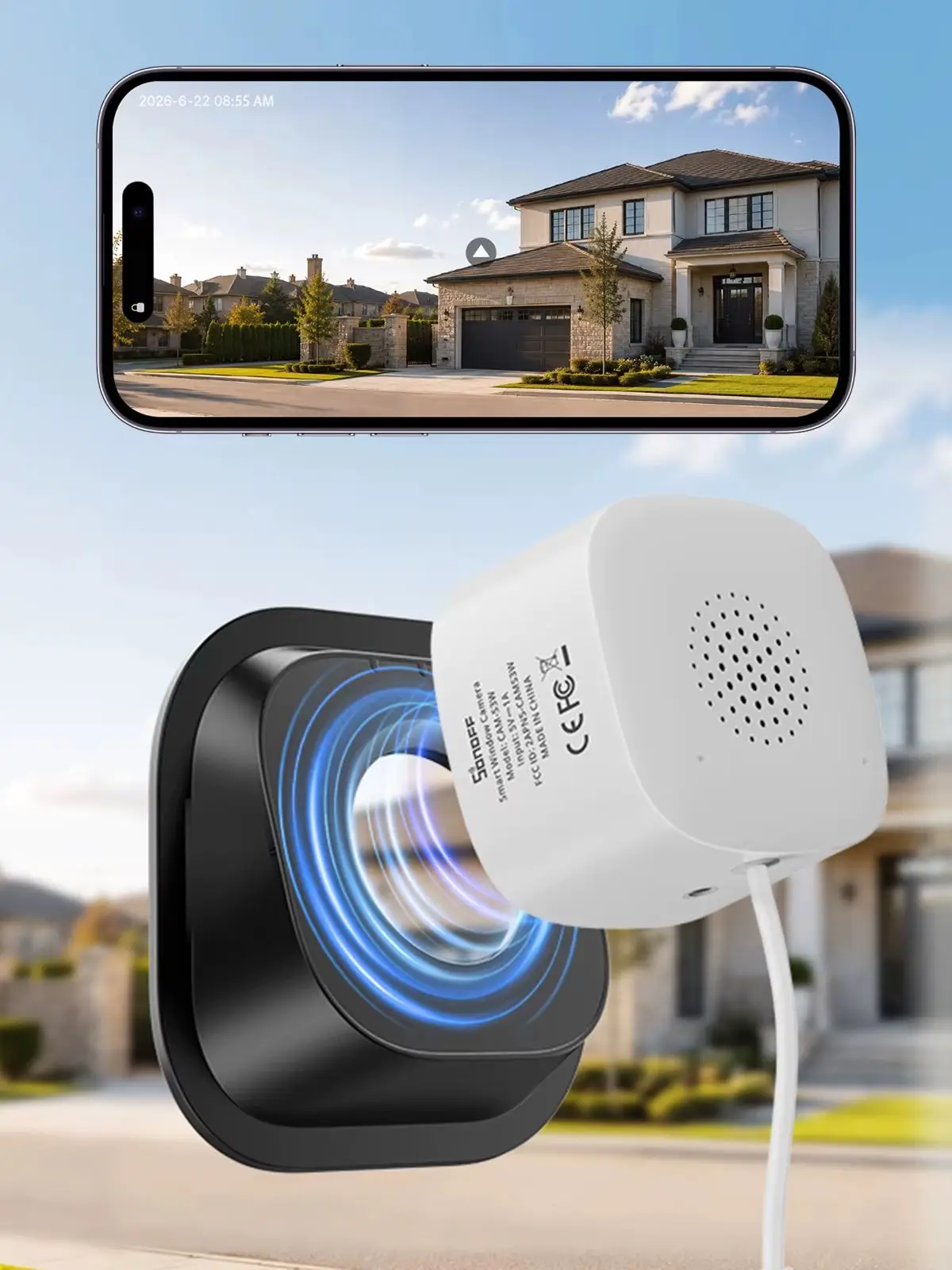 SONOFF CAM‑S3W CAM GlassView 2K intelligente Fensterkamera, WLAN 2,4 G/5 GHz, Farbnachtsicht, KI‑Erkennung für Personen und Bewegungen, Haus­sicherheit, offene API‑Schnittstelle