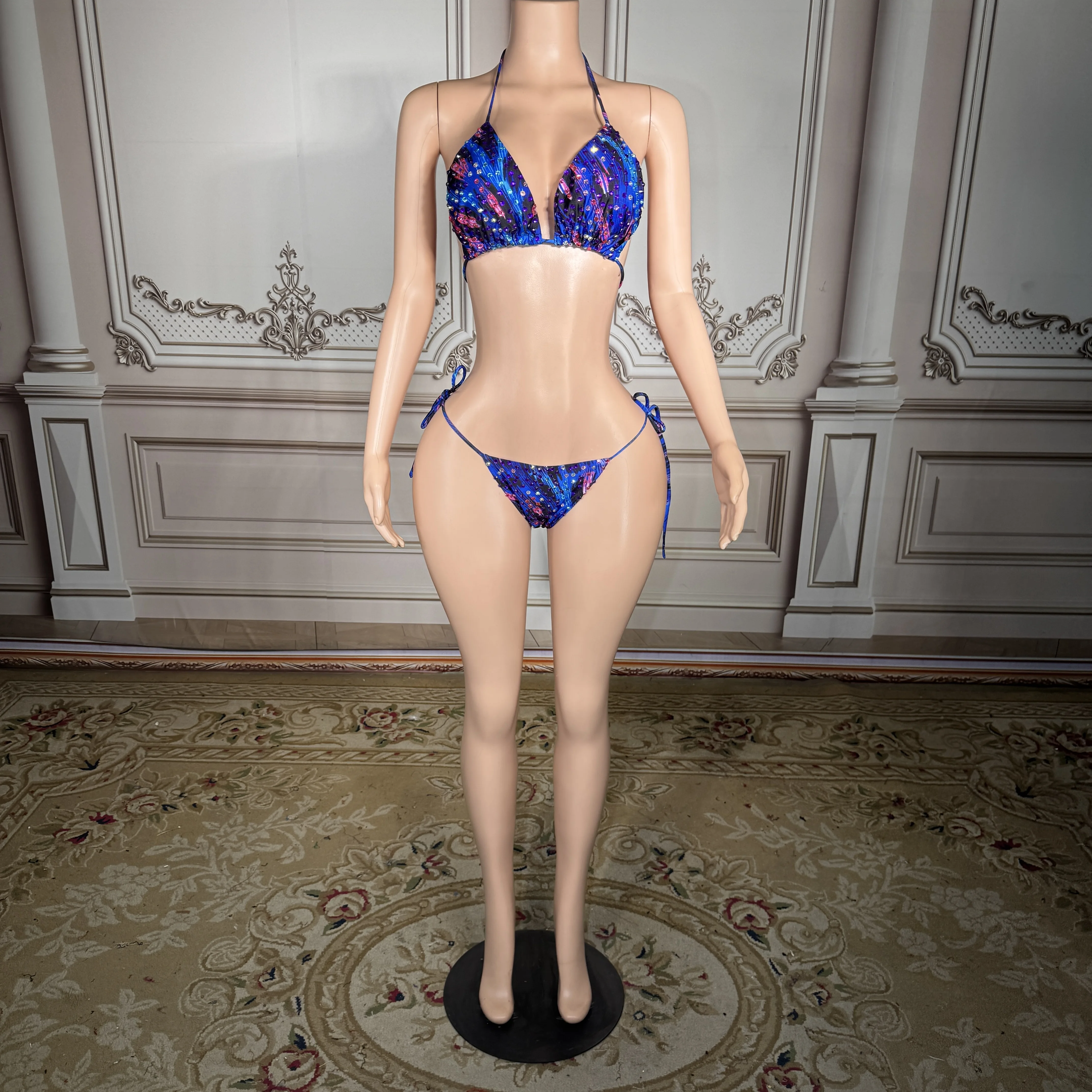 

ZD New Summer Galaxy Blue Bikini Women Sexy Halter Triangle Swimsuit Luxury Rhinestones Beachwear Vacation