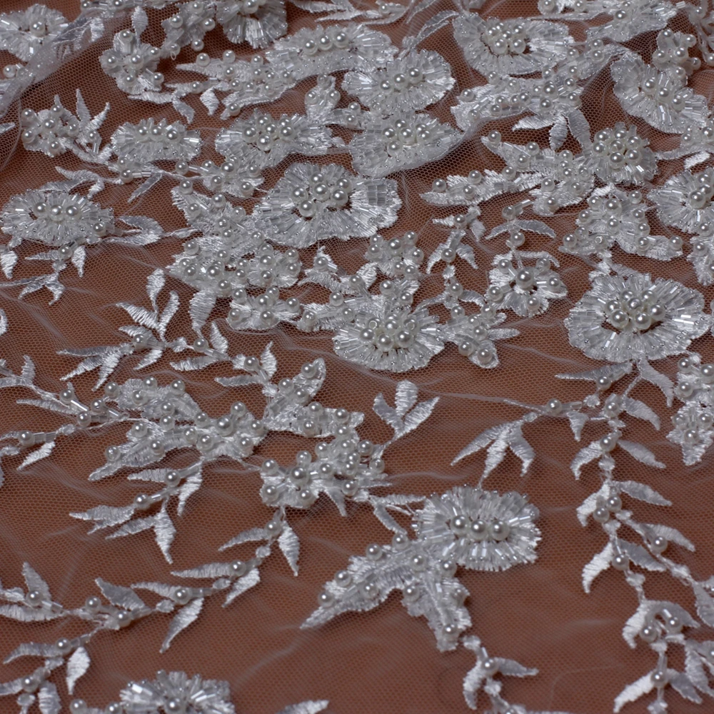 HelluyerDC Ivory hand-made lace fabric,flwoers leaves partterns for wedding,evening,dance gown can be cut to many pieces