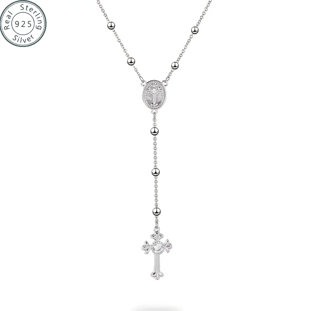 Collier italien en argent sterling 925 ou chapelet plaqué or 18 carats avec croix en Y, chaîne pour femmes et hommes