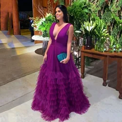 Msikoods Purple Tiered Tulle Prom Dresses Deep V neck Mother's Wedding Party Gown Women Customized Luxury Formal Evening Dress