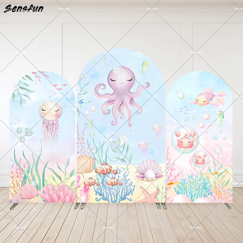

Underwater World Birthday Arch Backdrop Cover Corals Undersea Cartoon Octopus Shark Fish Baby Shower Background Arch Wall Banner