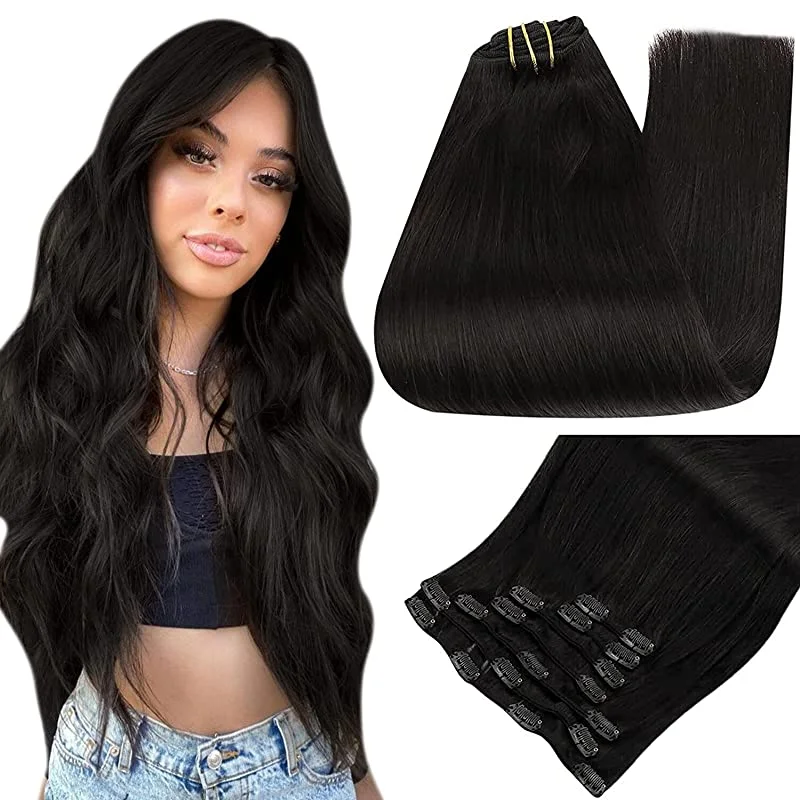 Full Shine Clip In Hair Extensions Zwart Balayage Zilver 7 Stuks Echt Menselijk Haar Natuurlijk Haar Dubbele Inslag Recht 120G