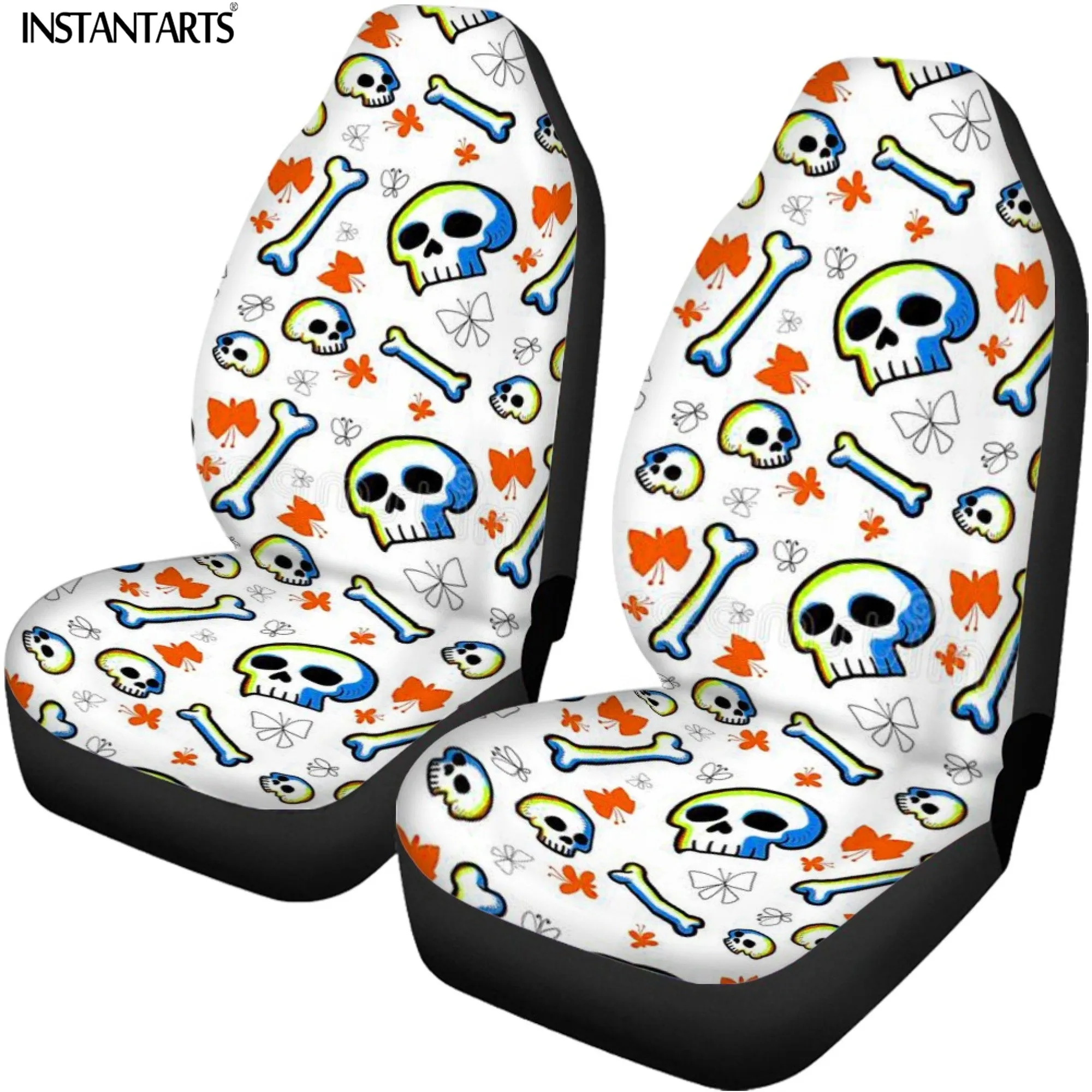 INSTANTARTS Funny Skull Design Vehicle Front and Back Seat Covers 2022 Fashion Personality Cozy Wear-resistant Car Protector Set