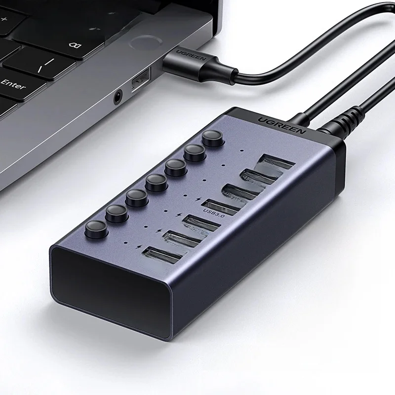 UGREEN HUB USB 7 portów USB3.0 Rozdzielacz 5Gbps z indywidualnym przełącznikiem Zasilacz do PC Laptop Rozszerzenie portów USB Stacja dokująca USB-C — zdjęcie produktu 7