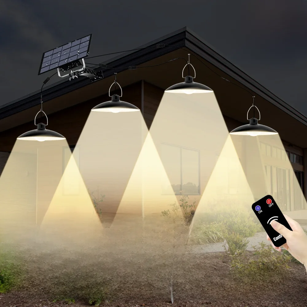 Solar LED Pendant Light Waterproof Outdoor Lamp Camping Garden Porch Balcony Patio Four Heads Hanging Lights With Remote Control