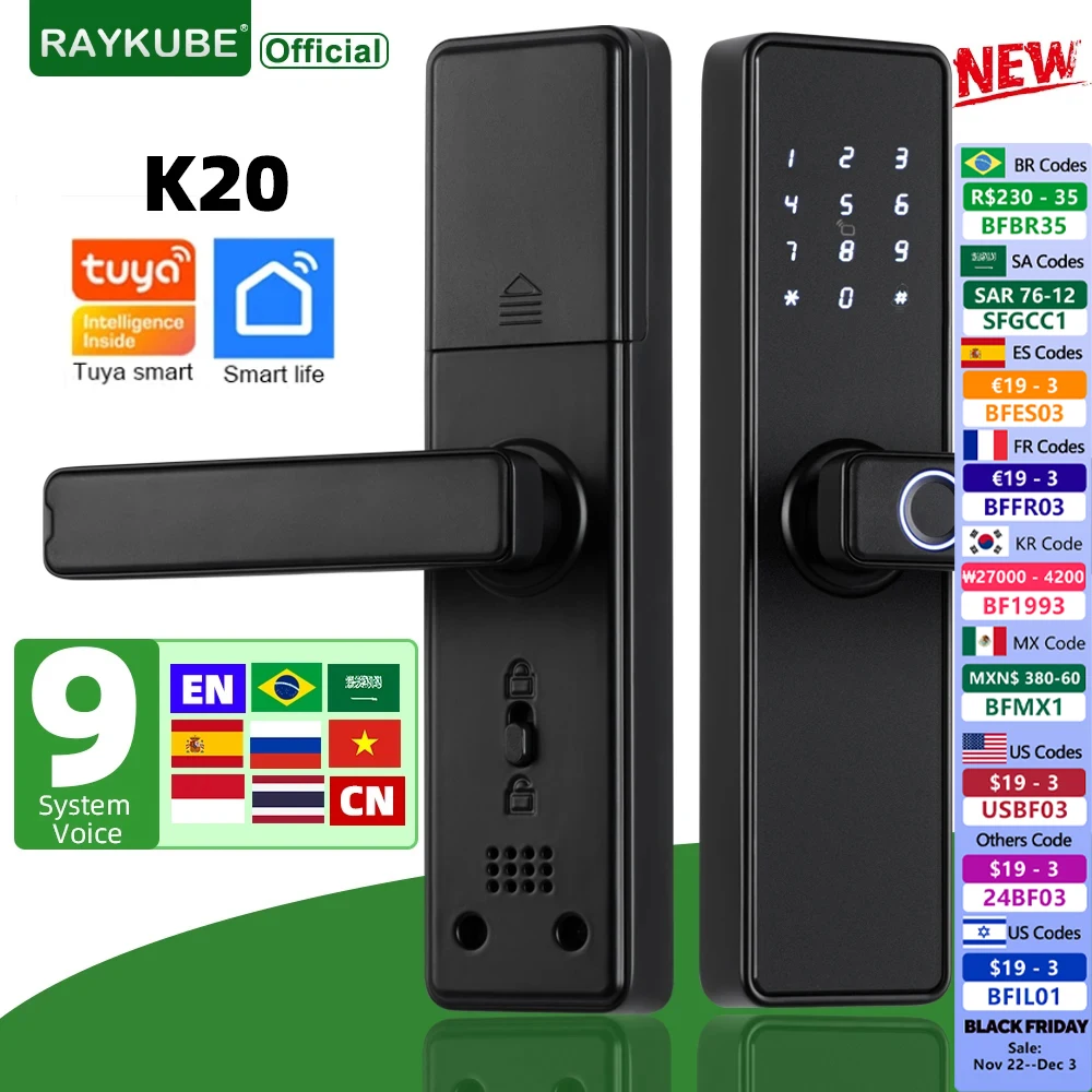 2024 NEW RAYKUBE K20 9-language Biometric Fingerprint Door Lock Electronic Door Lock with  Tuya APP/IC Card/Password/ Key Unlock