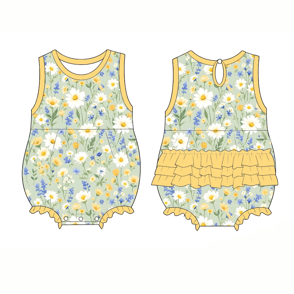 

Boutique Children's Round neck short jumpsuit buttons 3-layer ruffle flowers print Toddler clothing custom wholesale