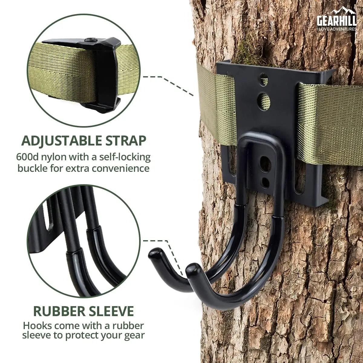 

Tree Stand Gear Hanger, Comes with 3 Strong and Durable Double Tree Hooks, with A Self-Locking Metal Cam Buckle, for Hunting