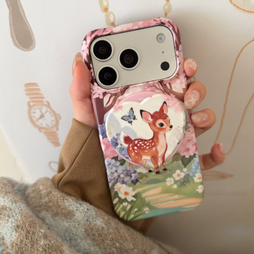 

Cute oil painting cherry blossom deer with magnetic holder mobile case, suitable for iPhone 14/15/16/17 Pro Max, protective case