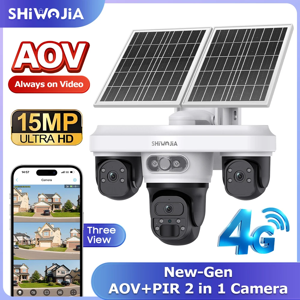 SHIWOJIA 15MP AOV Solar Security Camera Wireless 4G SIM WiFi Outdoor PTZ, 24H Continuous Recording Triple Lens Color Night Visio