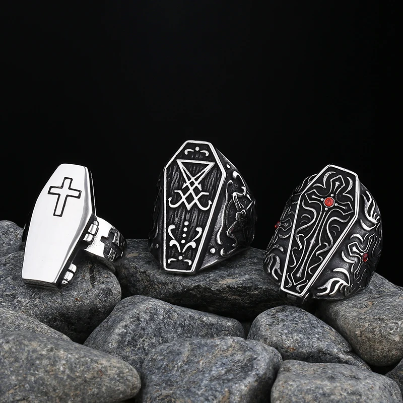 2024 New Gothic Band Personalized Vampire Diaries Coffin Ring For Men Women Stainless Steel Male Anel Gift For Him