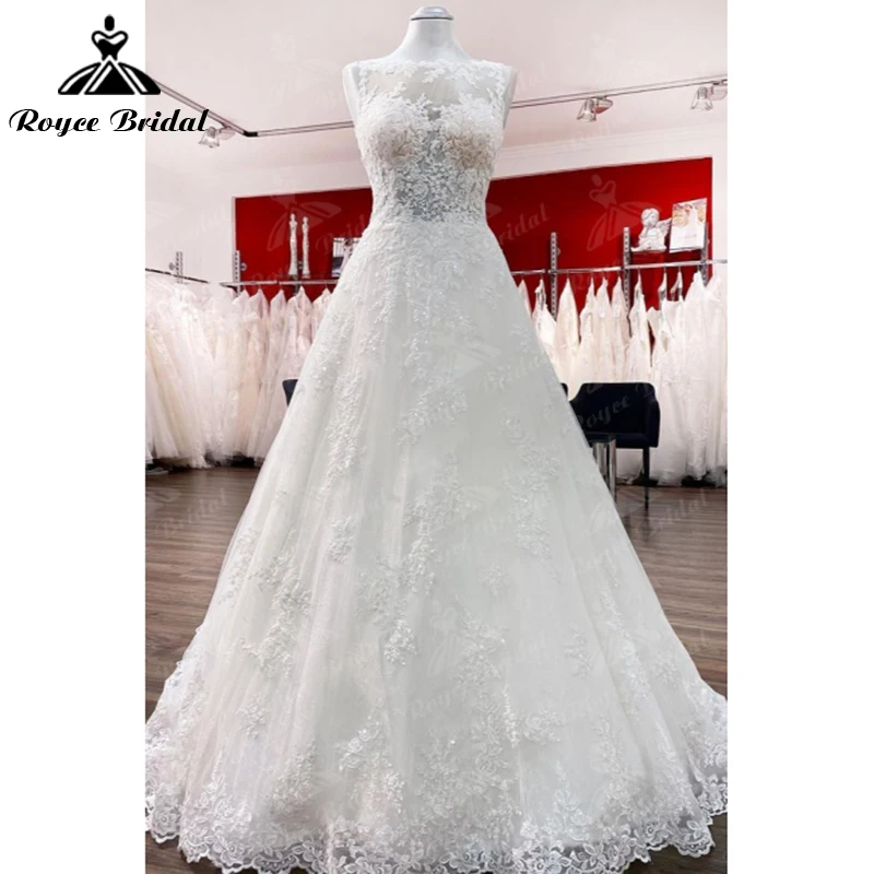 Exquisite Perspective O-Neck Sleeveless Back Button Lace Applique Ball Gown Wedding Dress Tulle Bridal Gown Sweep robe de mariée