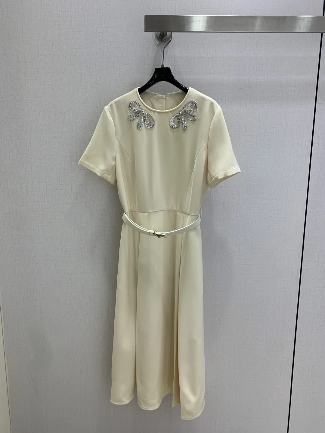 Women Lady New Early Autumn Brief Daily Office Lady Round Collar Slim Waist Strap Belt Glittering Diamond Bowknot Long Dress