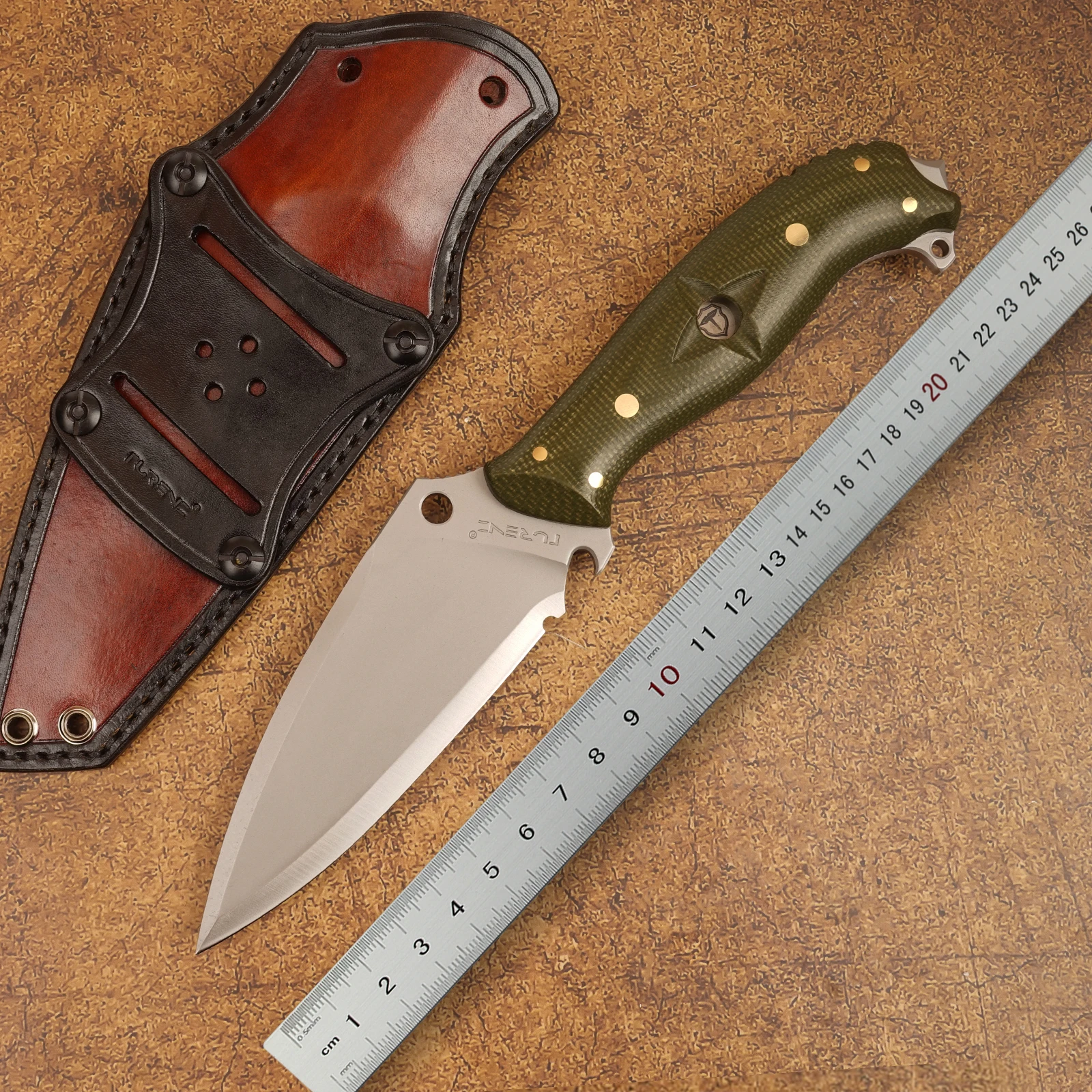 TURENZ PTEROSAUR DC53 High Hardness Steel Full Tang Camping Knife, Outdoor Hiking Bushcraft Tool with Leather Sheath, Scandi Gri