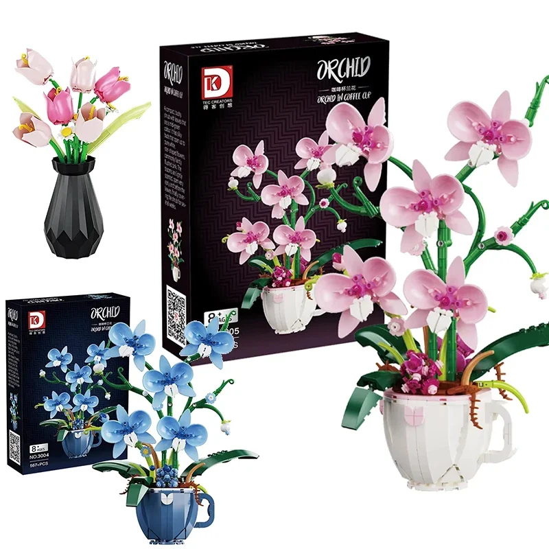 MOC Orchid Building Blocks Flowers Bouquet Flower Blocks Bonsai Plant Model Bricks Romantic Home Decoration Toy for Kid Gift