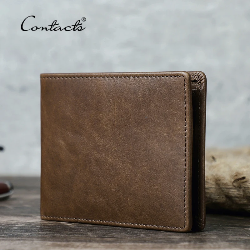 CONTACT\'S Genuine Leather Men Wallet Samll Bifold Design Casual Thin Slim Wallets Card Holder Vintage Male Purse Money Clip