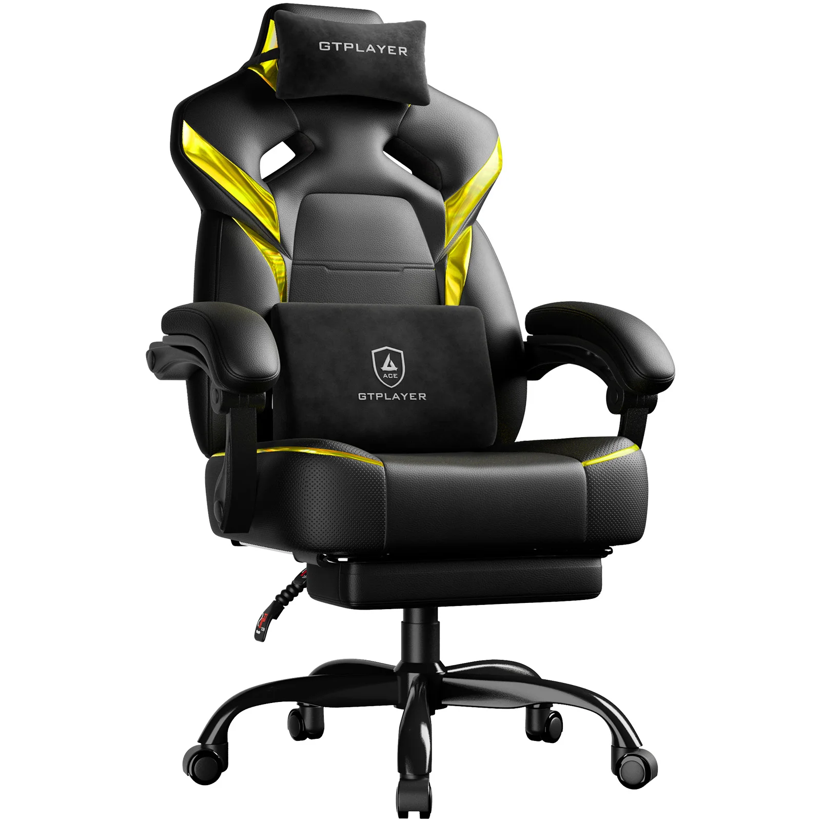 GTPLAYER Gaming Stuhl mit Fußstütze, Gamer Sessel höhenverstellbar, 200 kg Tragkraft, verstellbare Armlehnen, Lenden- und Kopfkissen, drehbarer Gamingstuhl
