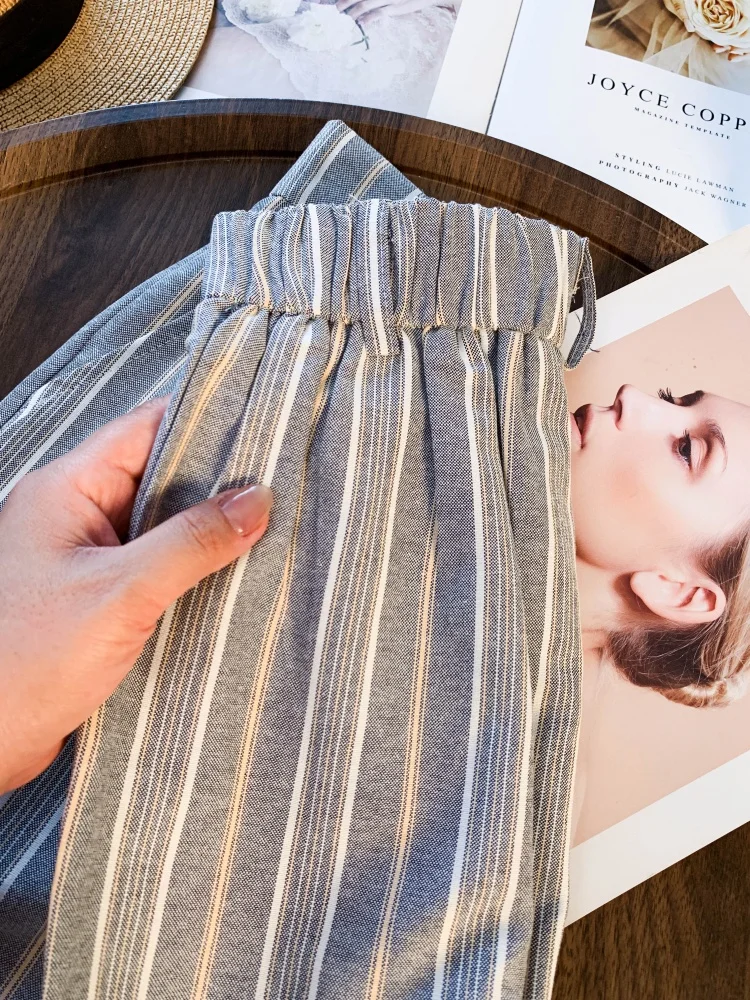 Pantalon à jambes larges à rayures grises pour femmes, nouvelle collection automne 2023, Chic coréen, bureau, fille, taille haute, tombant, pantalons décontractés