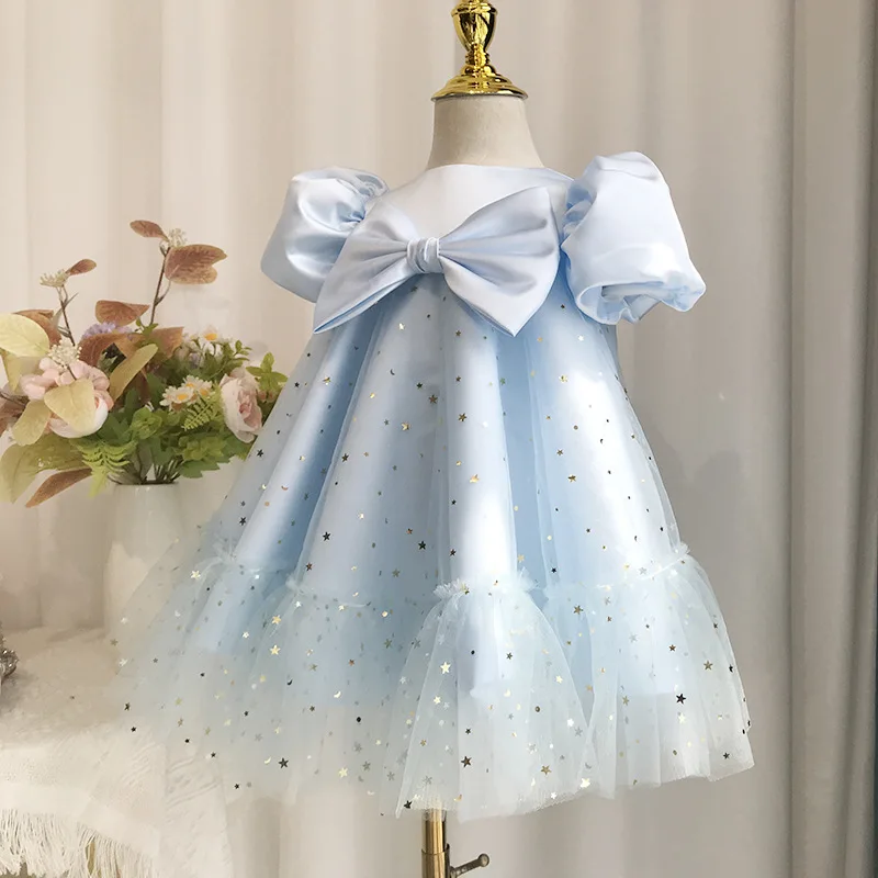 Elegant Baby Girls First Comminion Light Blue Front Bow Sequin Princess Dress 2024 New Toddler Puff Sleeve Birthday Dress