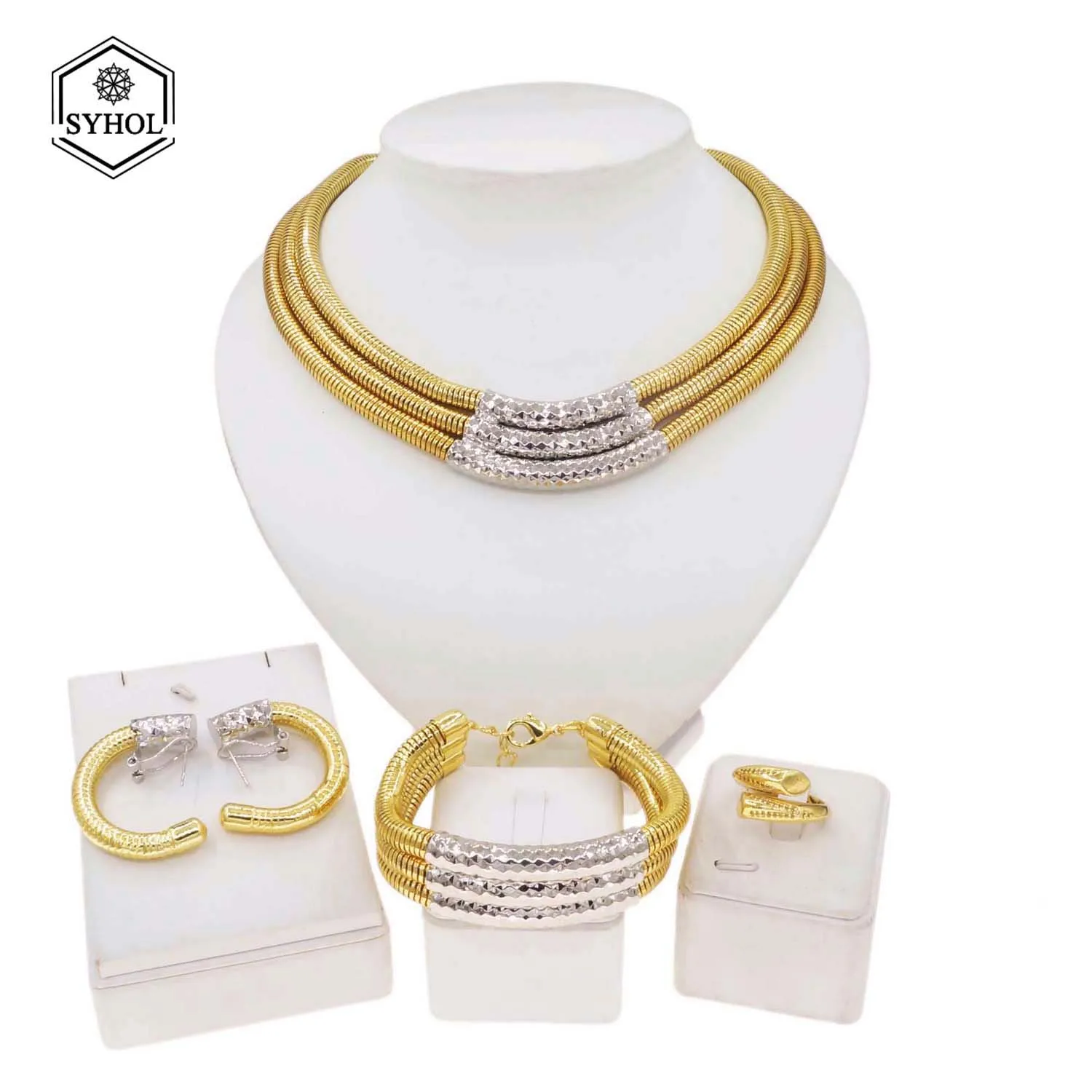 Jewelry Sets For Women Luxury Brazilian Gold Plated Necklace Bracelet Simple Layered Design Elegant Wedding Party Bijoux SYHOL