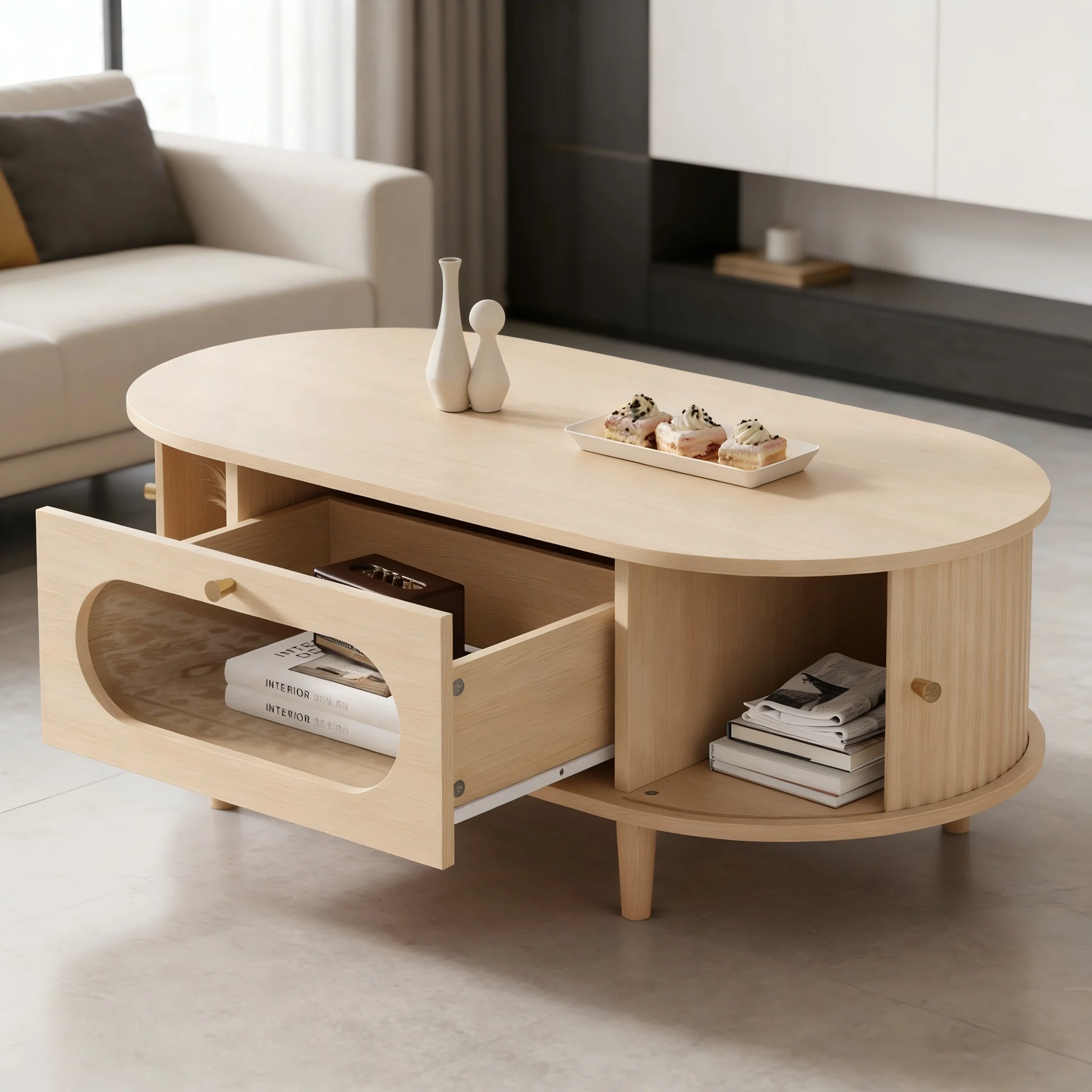 Table basse avec tiroir et portes coulissantes, rangement intégré - LPOSPI - 4 pieds, MDF et verre, chêne 100 × 50 × 36 cm