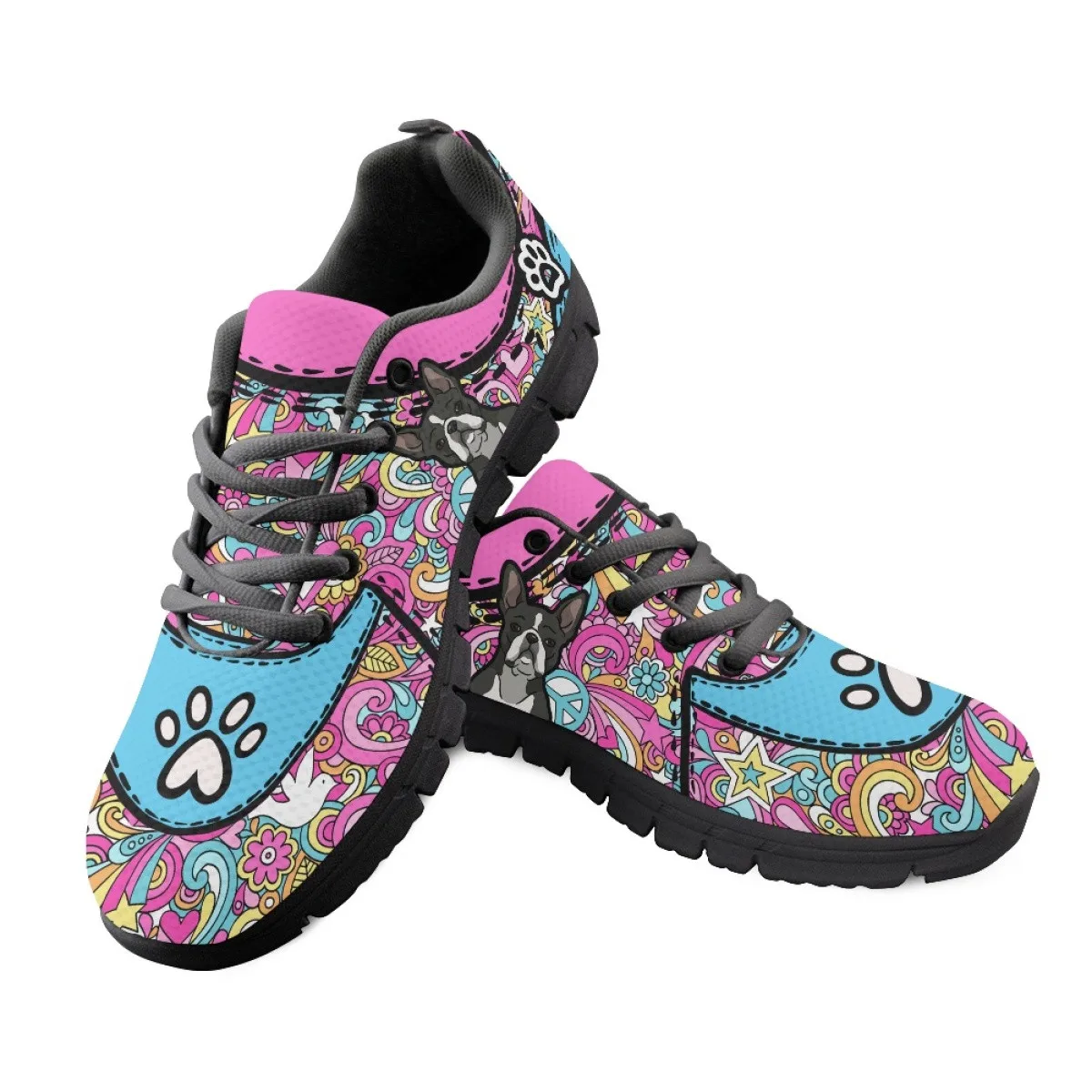 INSTANTARTS 2023 New Sneakers Lovely Bull Terrier Pattern Women's Flat Shoes Outdoor Lightweight Walking Shoes Dog Paw Tennis