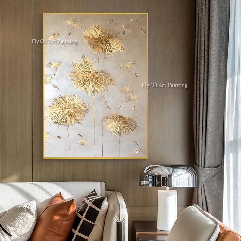 Gold Dandelion 100% Hand Painted Canvas Painting Modern Abstract Gold White Oil Paintings Home Wall Decor Unframed Ad Best Gift