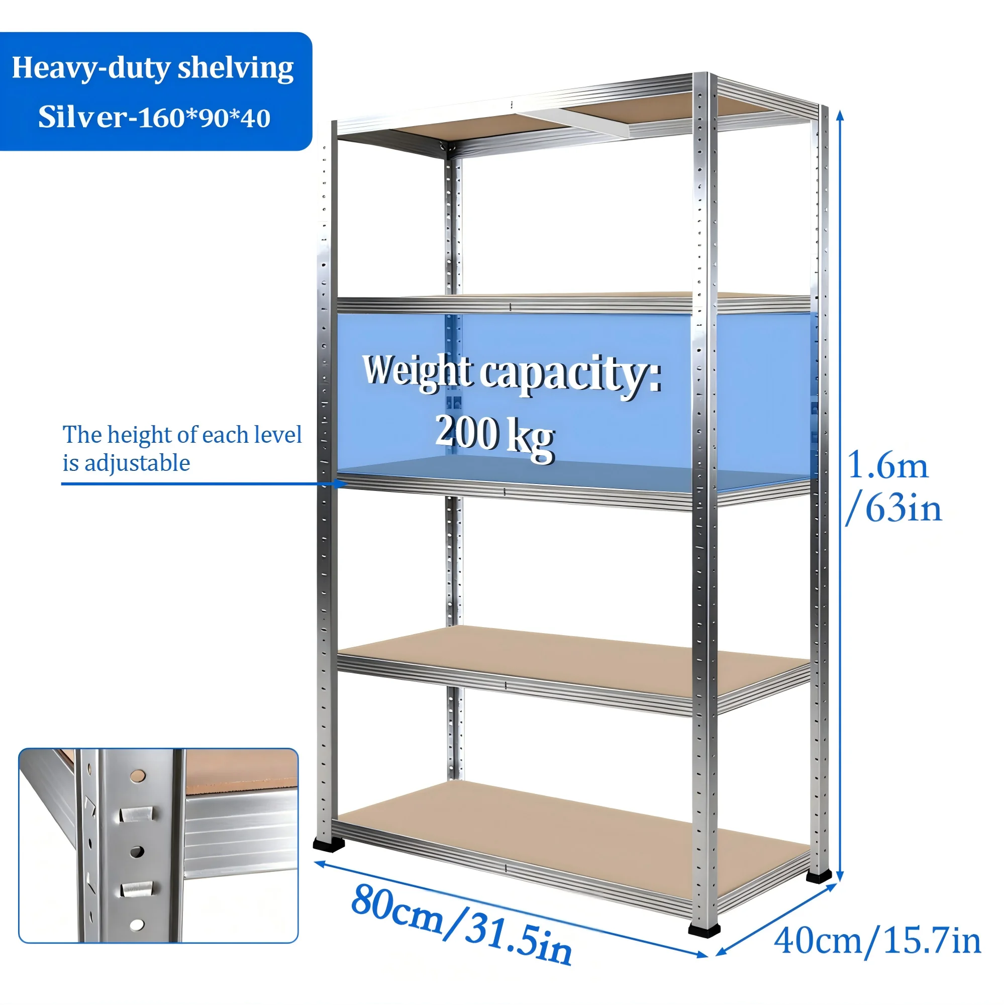 5-stöckiges Schwerlast-Metallregal, 500 kg Tragkraft, schraubenloses Design, frei teilbare Struktur, verstellbare MDF-Ebenenhöhe, großes Mehrzweck-Lagerregal, ideal für Lager, Garage, Küche,