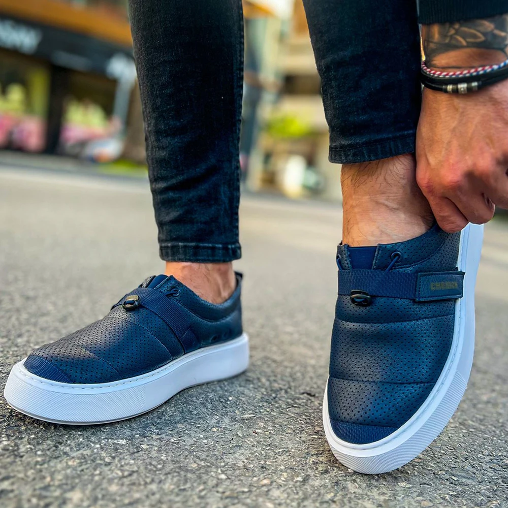 FOH Store Men Shoes NAVY BLUE Color Non Leather Elastic Band 2023 Spring and Fall Seasons New Fashion Casual Breathable Sneakers Suits Comfortable Solid Sole Office Fashion Wedding Walking Lightweight 147