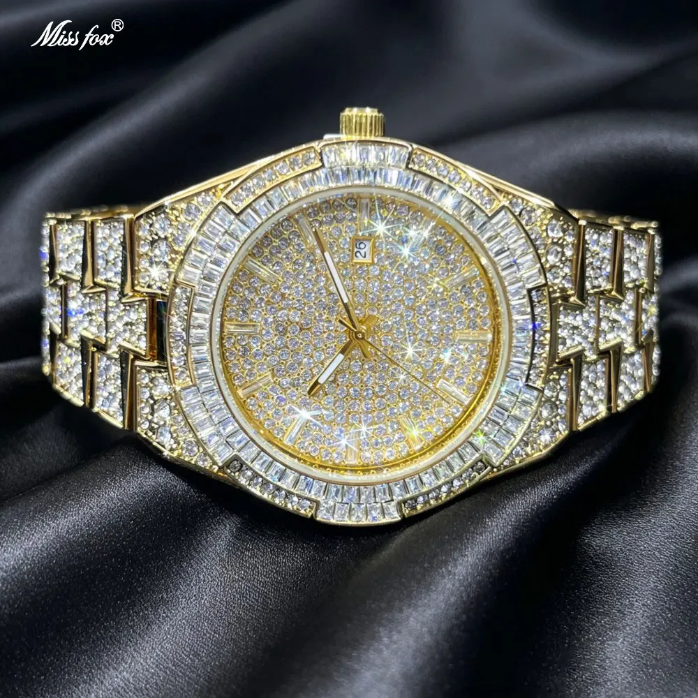 Хит продаж: Золотые часы Ice Watch для мужчин, модный бренд MISSFOX, хип-хоп, полностью инкрустированные бриллиантами, роскошные ювелирные изделия, кварцевые наручные часы для мужчин, новинка 2026 года.