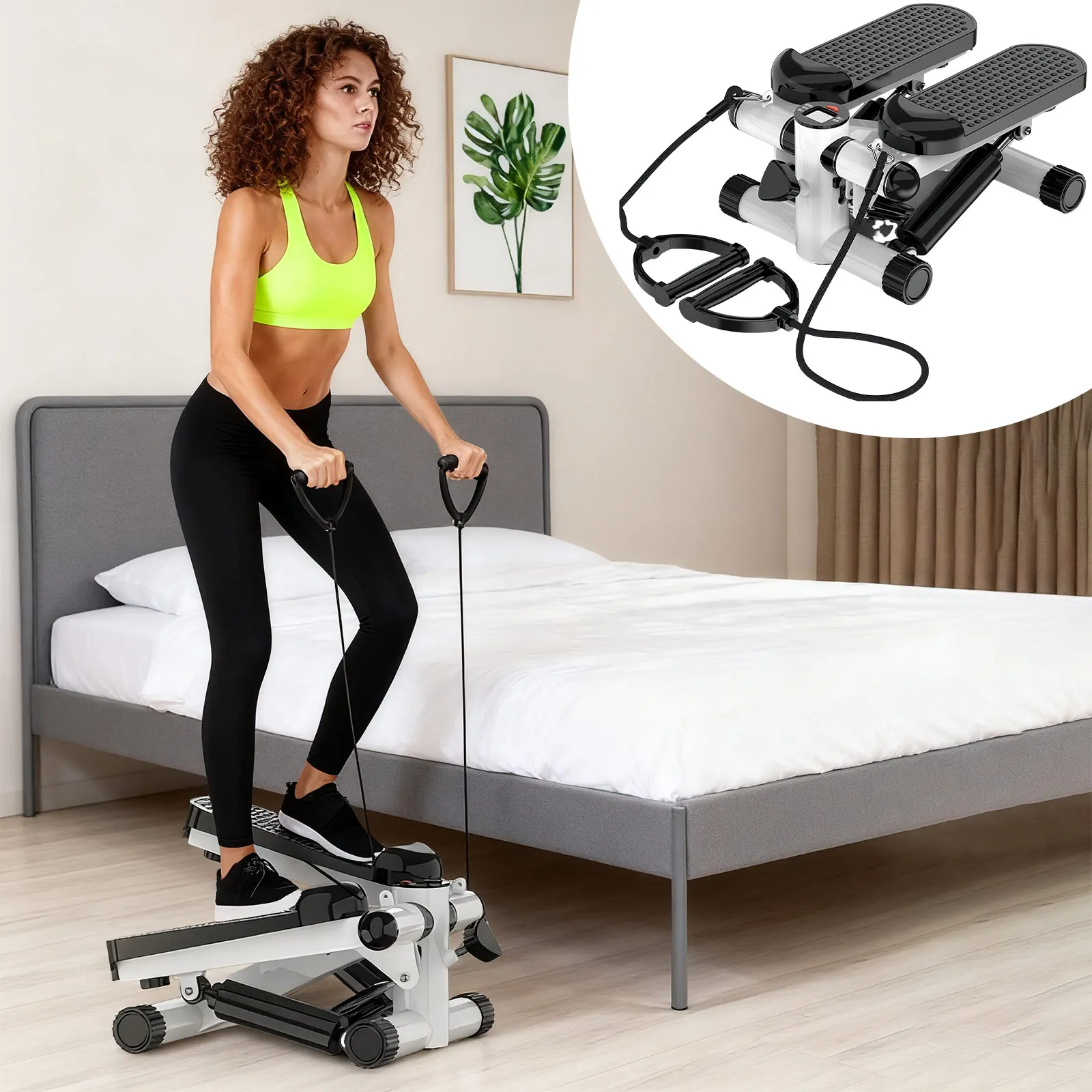 Mini-Stepper für Übungen, Twist-Stair-Stepper, Fitnessgerät mit Multifunktions-LCD-Display, Heimtrainer für Fitnesstraining, Widerstandsbänder für Ganzkörper-Workout zu Hause